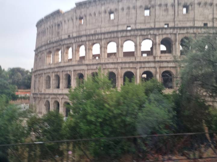 Partially blurred view of the Colosseum’s outer wall framed by trees at dusk.