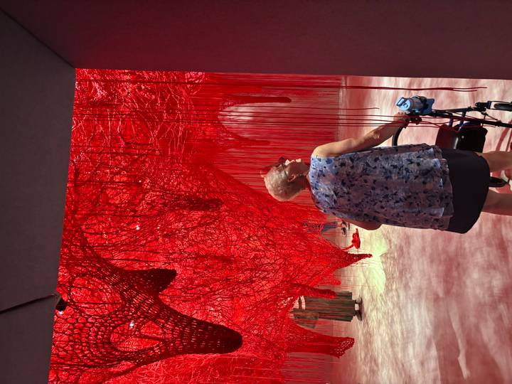 Visitor observing an immersive red string art installation inside a contemporary gallery.
