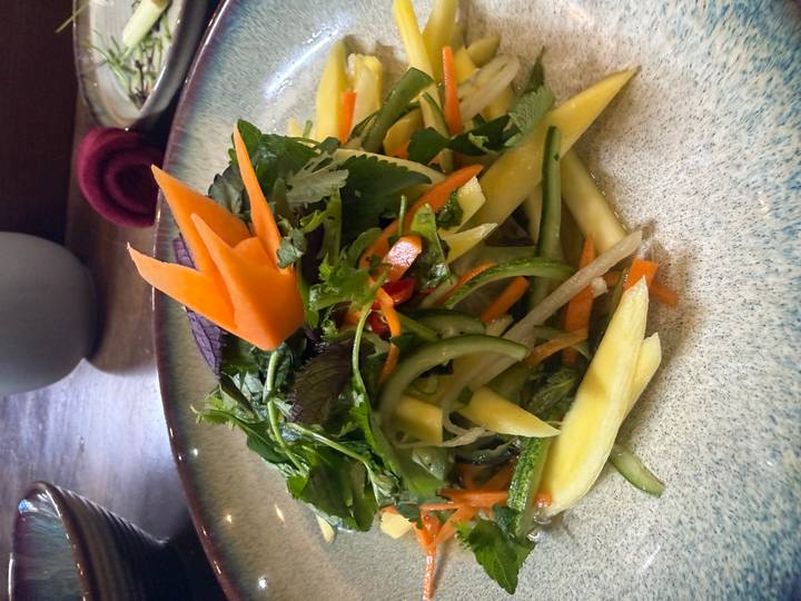 Colorful Vietnamese mango and herb salad neatly arranged on a ceramic plate.