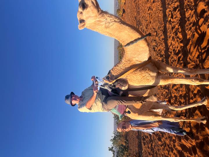 A man sits high on a camel led by a traditionally dressed local against a clear desert horizon.