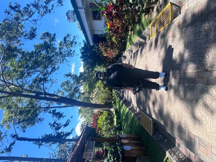 Man stands on landscaped path between tropical gardens posing for photo.
