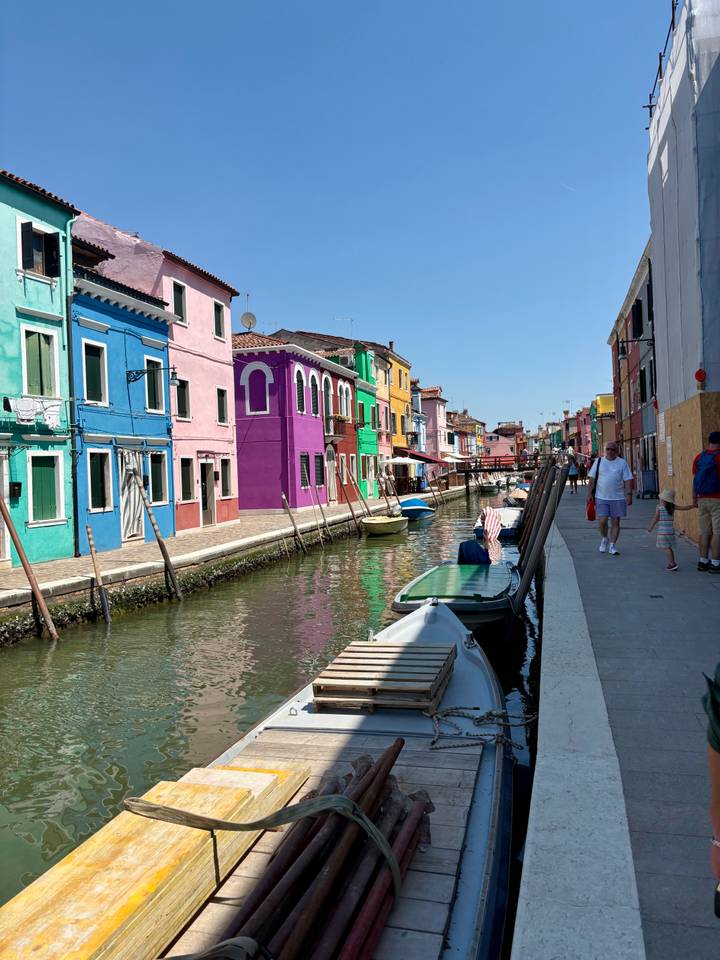Brightly painted houses along Burano’s canal with boats and strolling visitors.