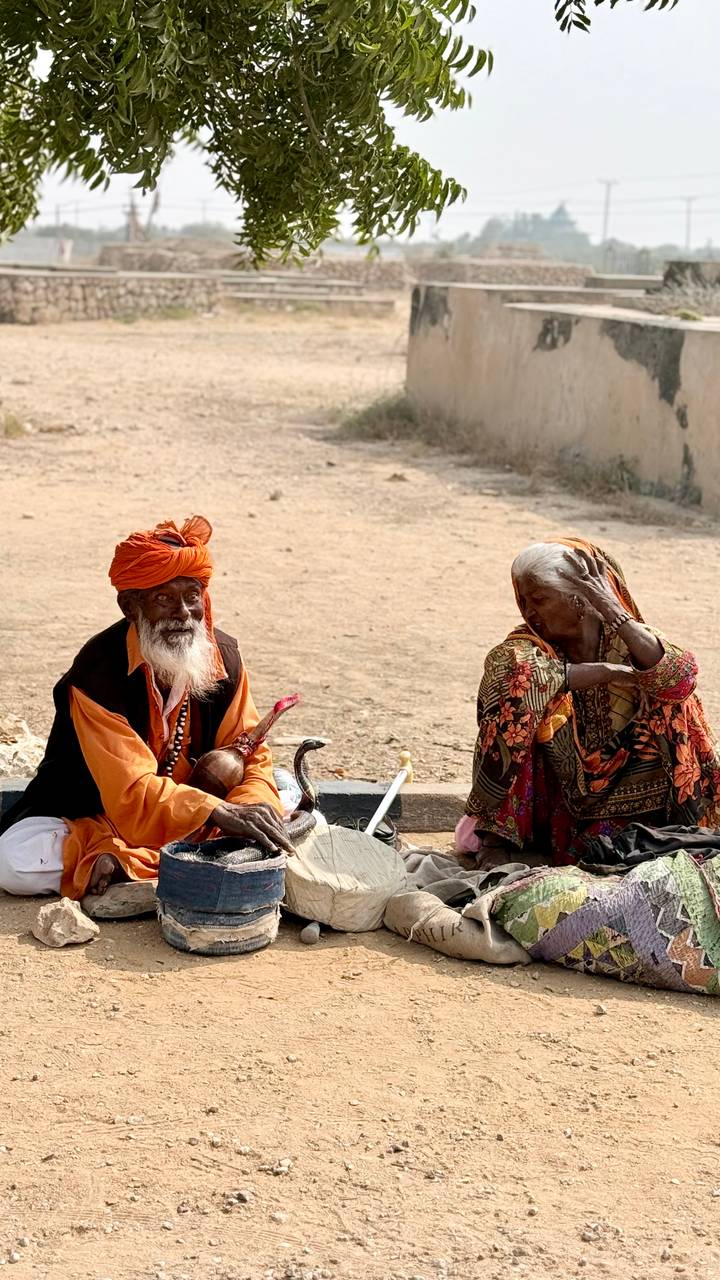 Traditional snake charmer couple with cobra and musical instrument seated roadside.