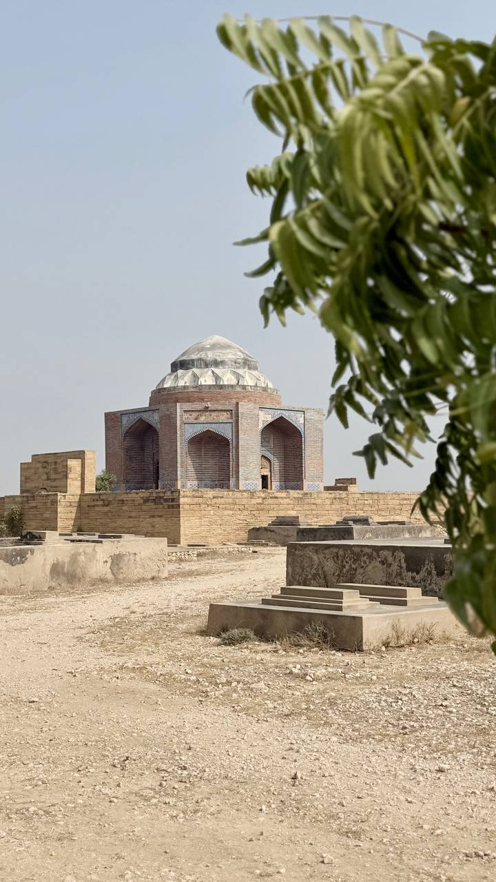 Isolated brick and tile tomb building framed by leafy branch in rural Pakistan.