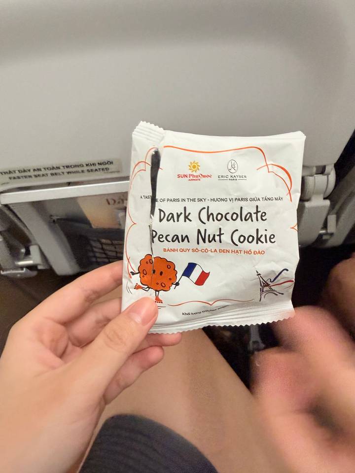 Hand holding an in-flight snack package for a dark chocolate pecan nut cookie against an airplane seatback.