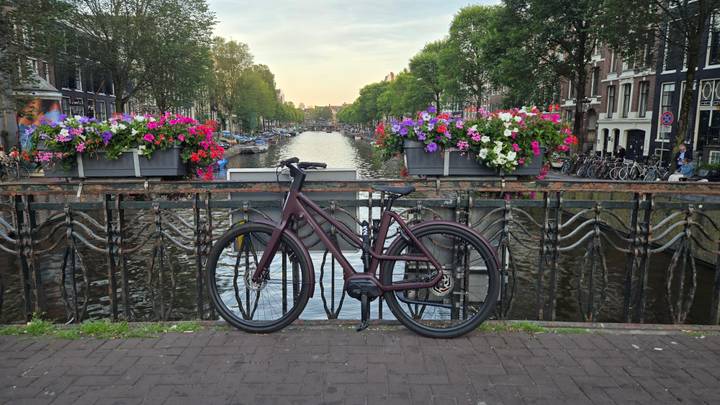 Bicycle parked on a flower-decked bridge over an Amsterdam canal lined with historic townhouses.