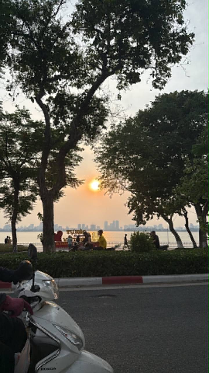 Grainy sunset over a lake framed by silhouetted trees and distant city skyline with people gathering on the shore.