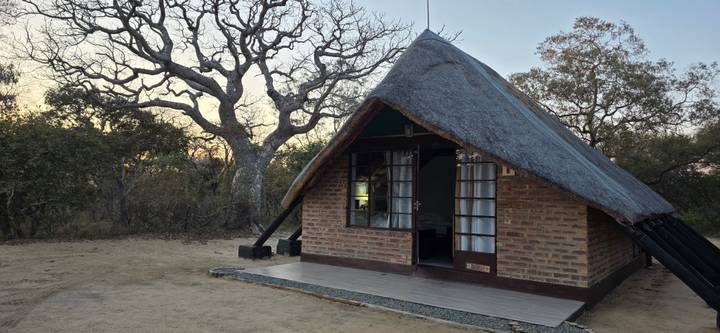 Small thatched brick cabin with open door in a dry woodland campsite at dusk.