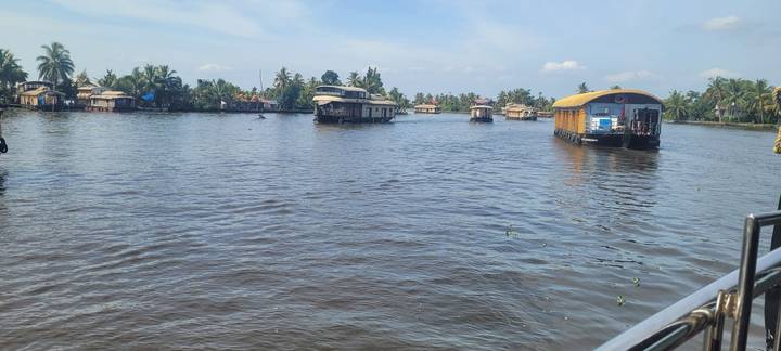 Traditional houseboats cruise the wide Kerala backwaters under a sunny blue sky.