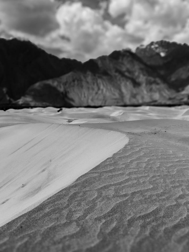 Black-and-white study of sweeping sand dunes with rippled textures.