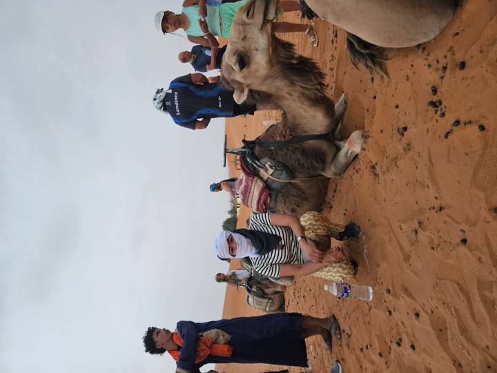 Travellers wearing scarves rest beside camels lying on orange Sahara dunes under an overcast sky.