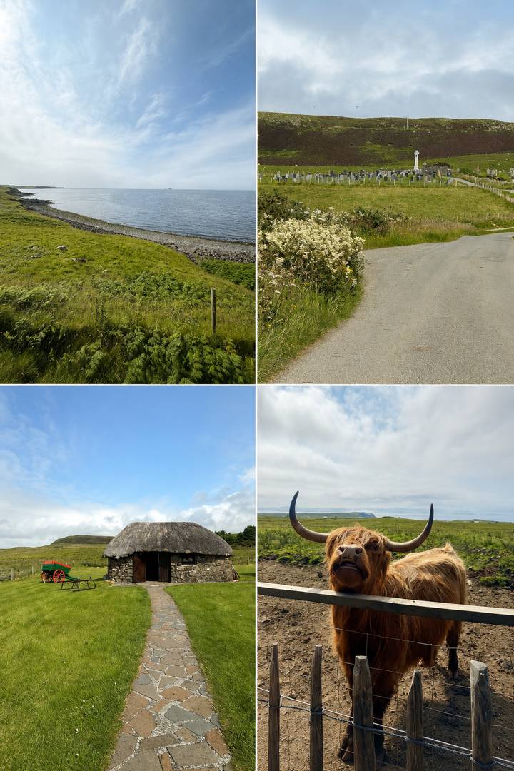 Four-image collage of rural road, grassy hill, blue sky and Highland cow horns.