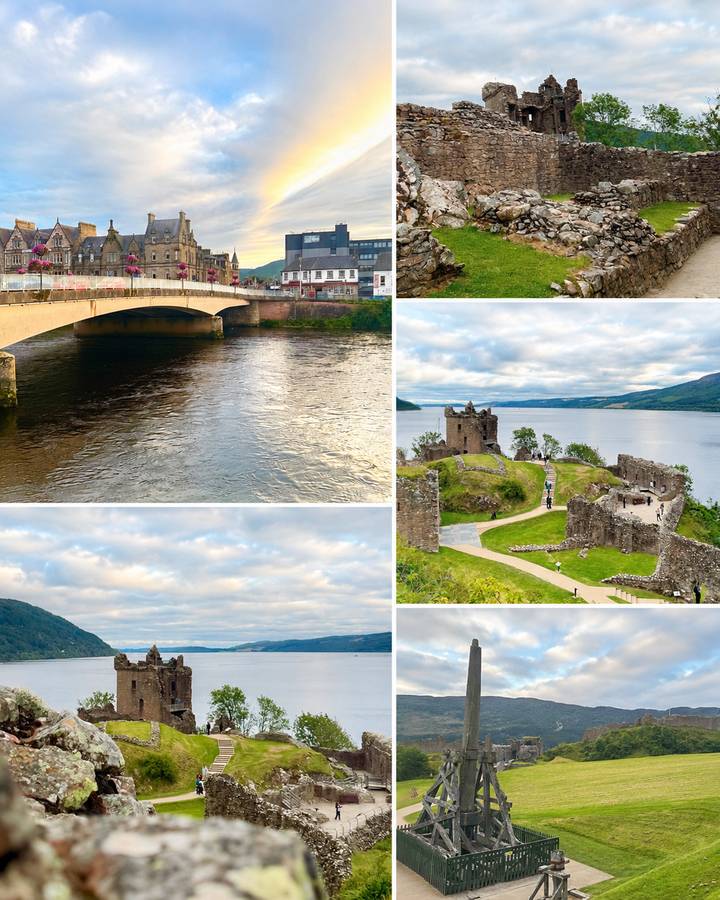 Collage with bridge over river, ruined lakeside castle and rolling hills under a cloud-filled sky.