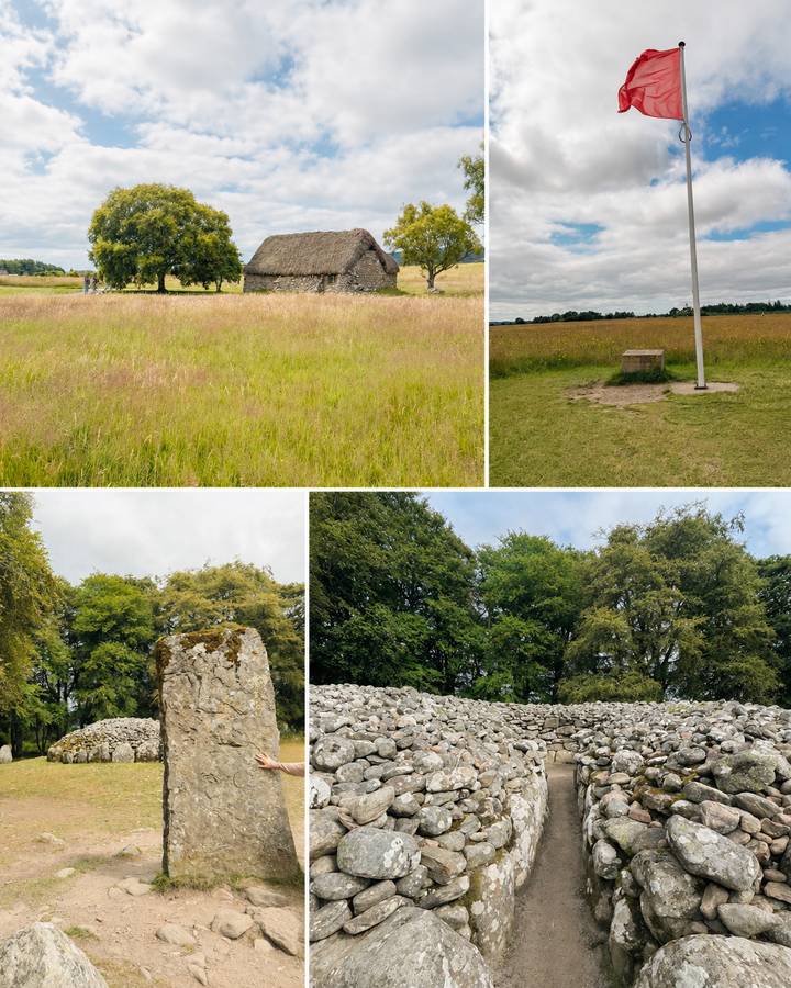 Collage showing grassy battlefield meadows, a stone memorial marker and surrounding woodland in the Scottish Highlands.
