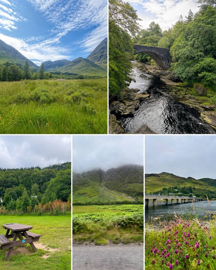 Collage of lush green wetlands, a dark river gorge and mist–shrouded Highland hills.