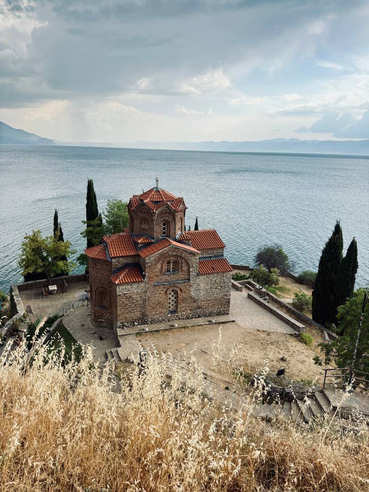 Iconic Church of St. John at Kaneo perched above the clear waters of Lake Ohrid