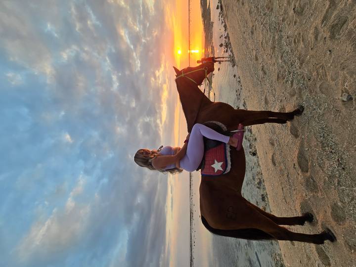 At sunset, a woman rides a saddled horse along a tranquil shoreline as golden light reflects on the water.
