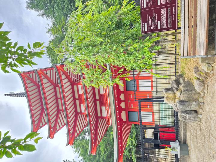 Red and white Chureito Pagoda framed by leafy trees, with tranquil shrine grounds in foreground.