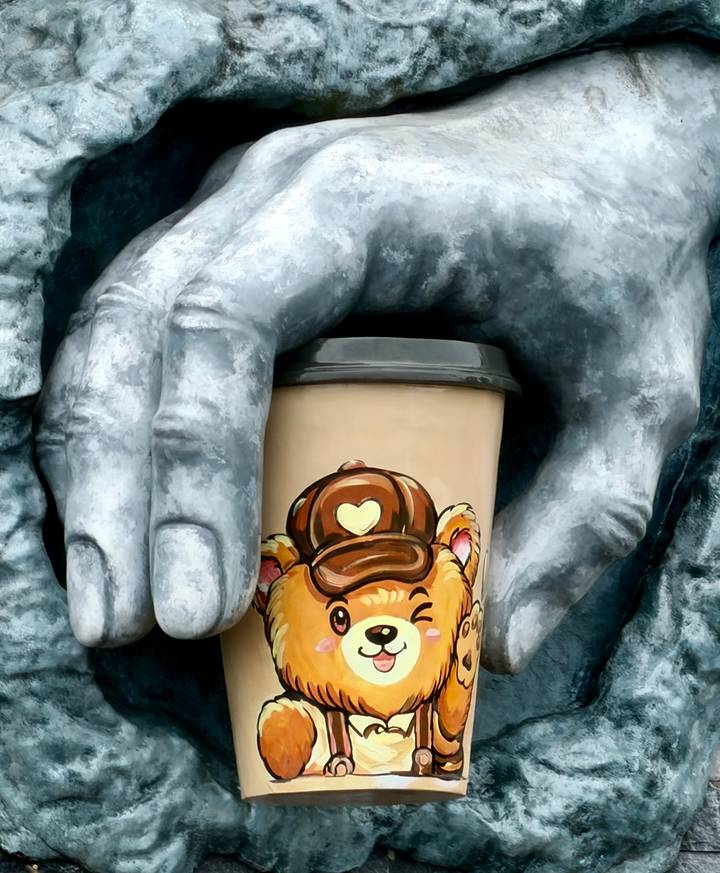 Decorated coffee cup nestled in the palm of the Golden Bridge's giant stone hand.