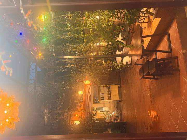 Cozy outdoor courtyard at night with string lights, vines, and parked scooters beside small tables.