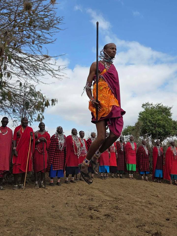 Maasai warriors in red shukas perform a high jumping dance while others watch in a semicircle.