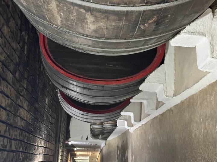 Long row of massive wooden wine barrels lined up in an underground cellar with white supports.