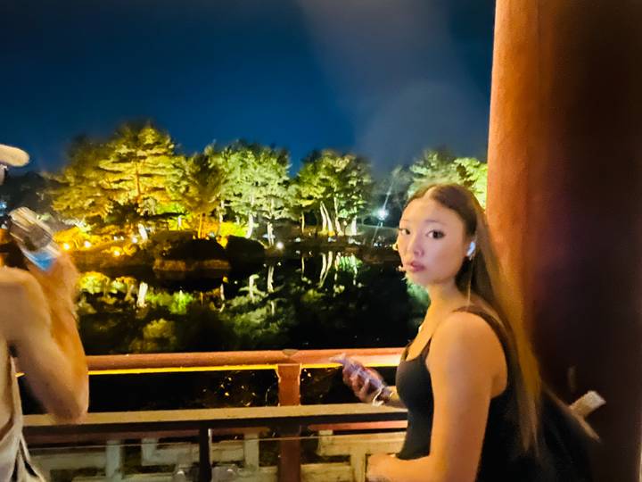 Nighttime scene of illuminated garden pond with blurred travellers in the foreground.