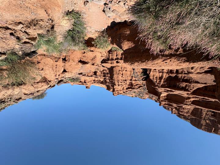 Towering red sandstone cliffs rise beneath a cloudless blue sky in a rugged canyon.