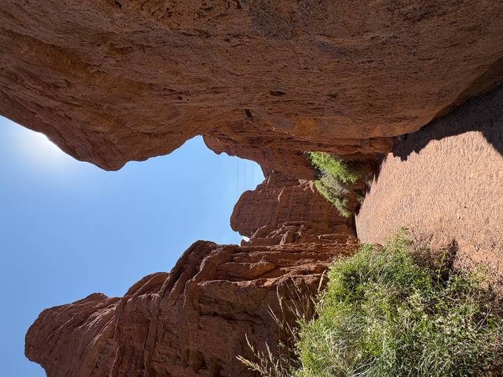 Narrow path winds between steep red rock walls of a sunlit slot canyon.
