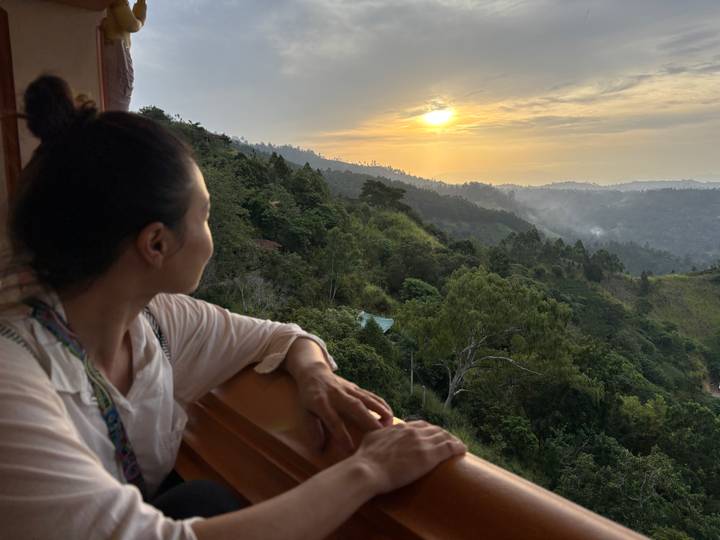 A woman gazes at a hazy sunset over forested hills from a wooden balcony.
