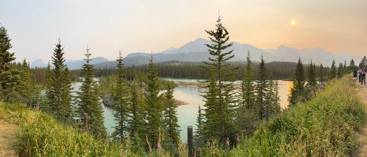 Panoramic view of turquoise river winding through conifer forest at hazy sunset.