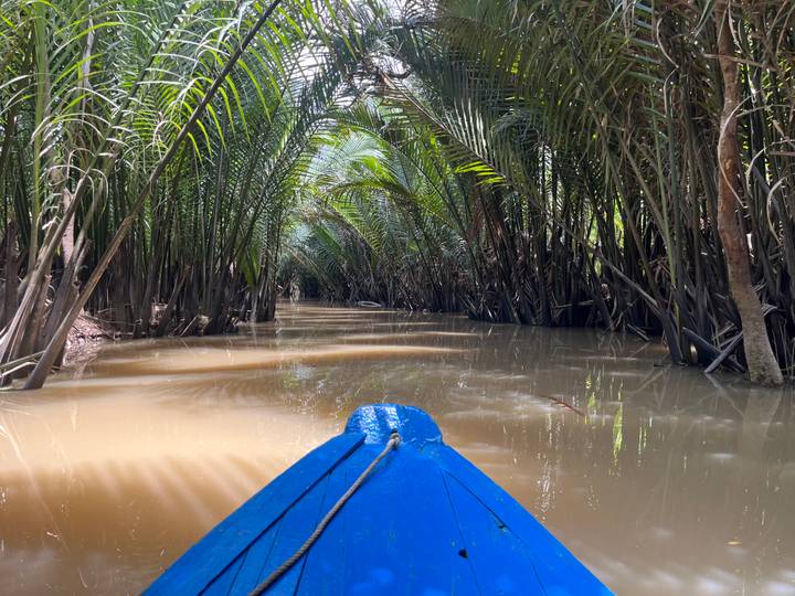 View from the bow of a blue boat gliding through narrow, palm-lined waterways of the Mekong Delta.