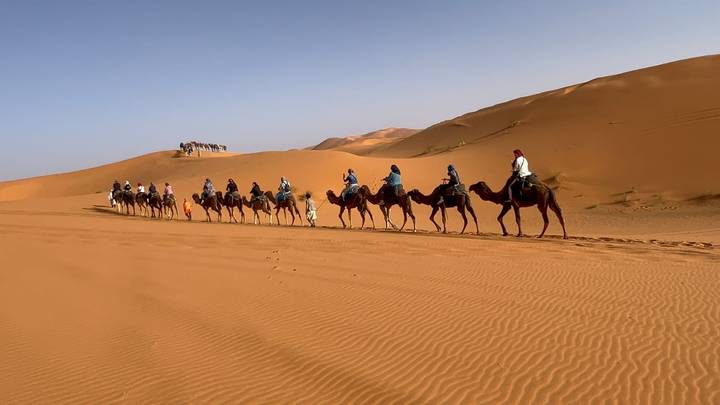 Long camel caravan with riders crossing expansive orange dunes under clear sky.