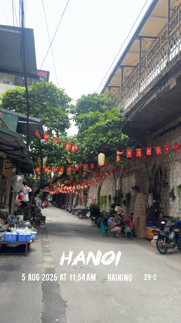 Narrow alleyway decorated with rows of Vietnamese flags and hanging lanterns.