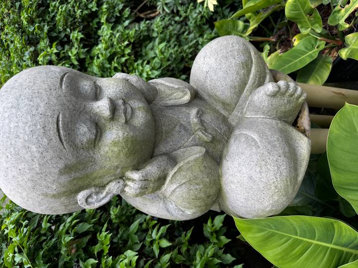 A smooth grey stone statue of a meditating child monk seated cross-legged amid lush green foliage.