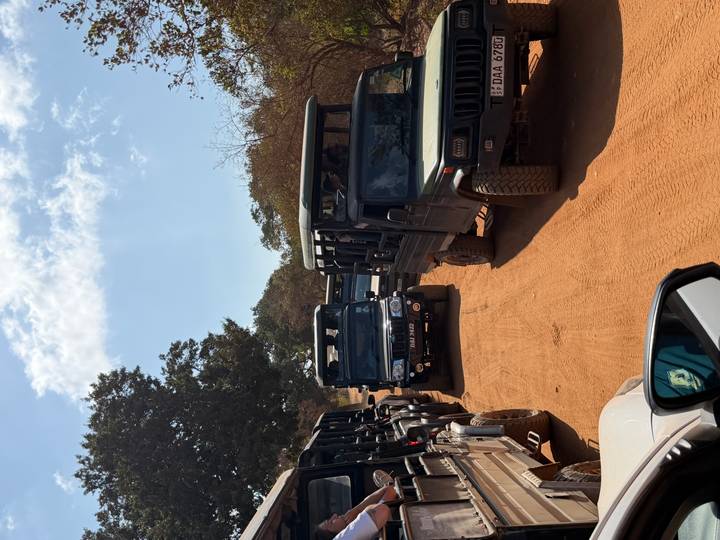 Line of open-air safari jeeps driving on a dusty track under a bright sky