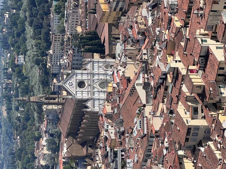 Aerial perspective of Basilica di Santa Croce dominating terracotta rooftops of Florence