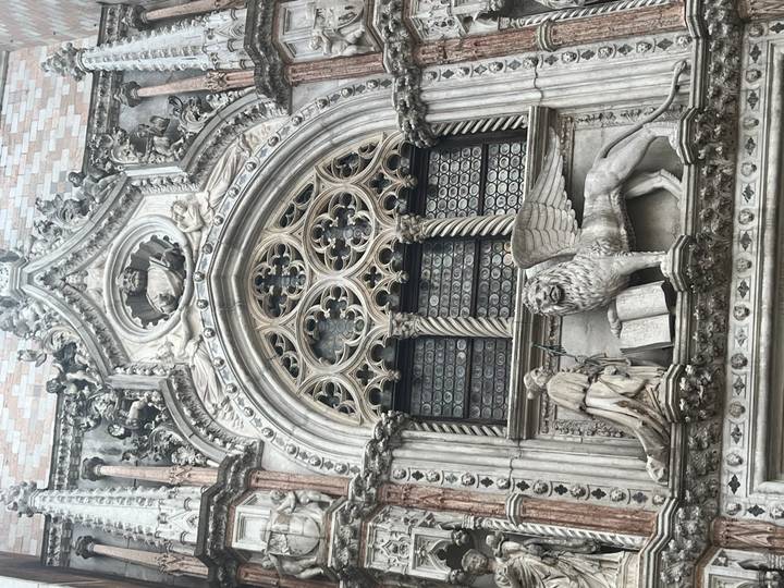Close view of Doge's Palace portal with winged lion of St Mark relief