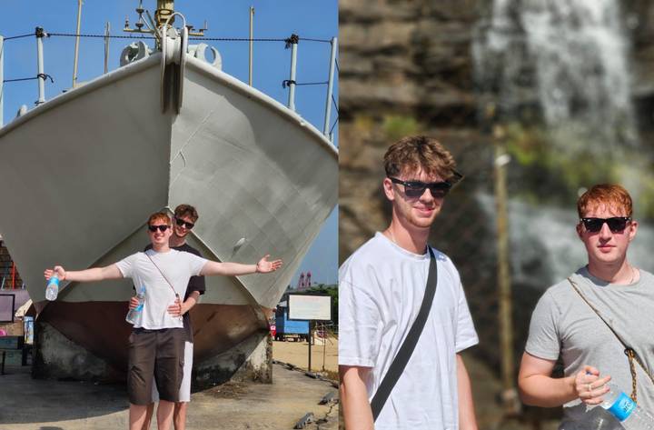 Split-frame collage showing two young men posing by a large boat monument and standing near a waterfall.