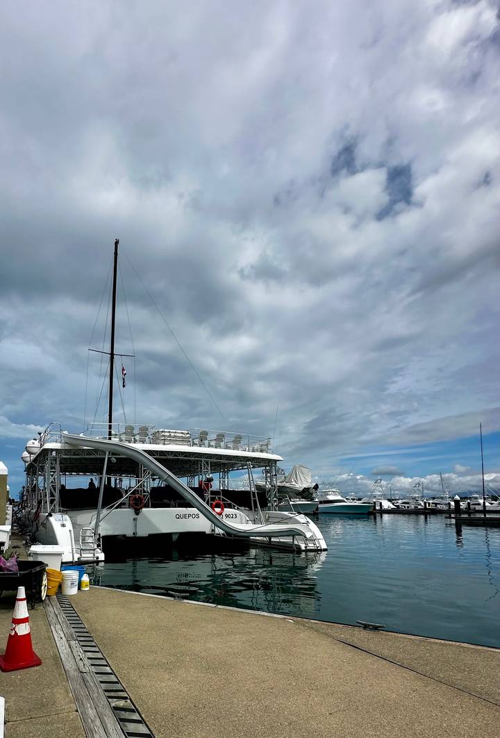 A white catamaran docked in a marina beneath dramatic cloudy skies
