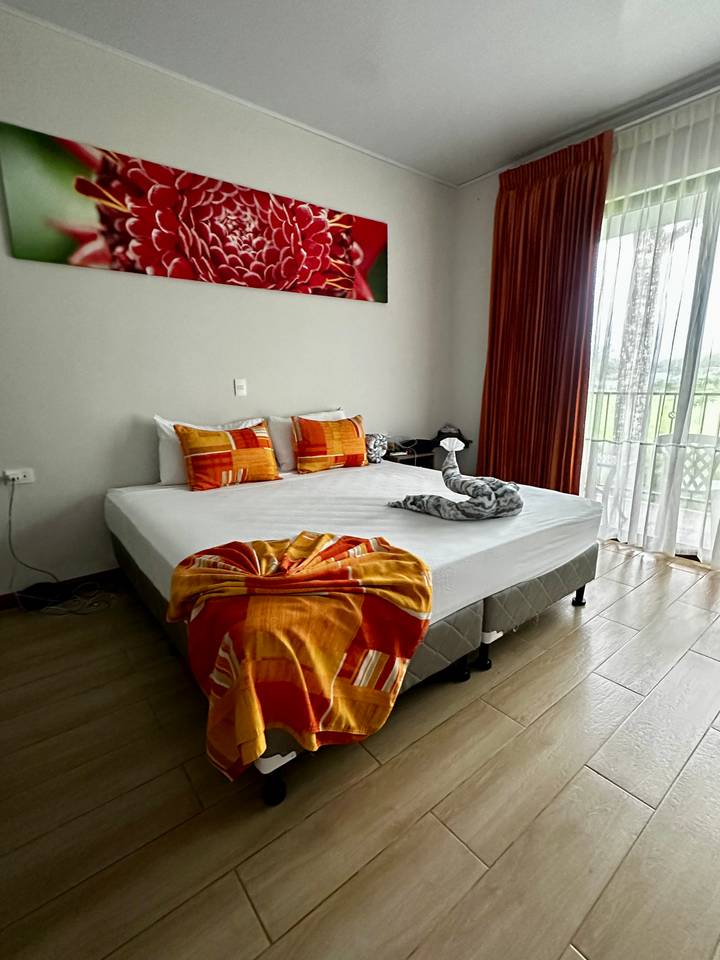 Neat hotel room with a double bed, colorful cushions, and towel art swan