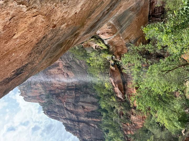 Water trickling from a cliff overhang into a lush canyon with soaring red walls