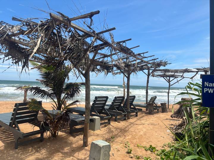 Row of empty wooden loungers beneath rustic palm-frond pergolas on a windy beachfront.