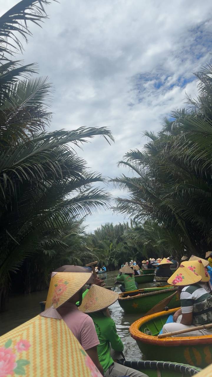 View looking up at overlapping fronds of dense tropical palms against a cloudy sky.