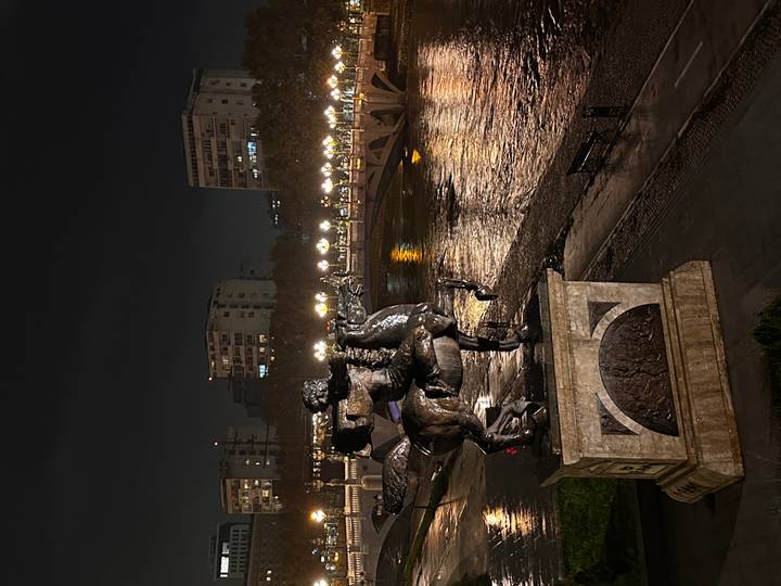 Equestrian bronze statue overlooking illuminated riverside promenade and city buildings at night.