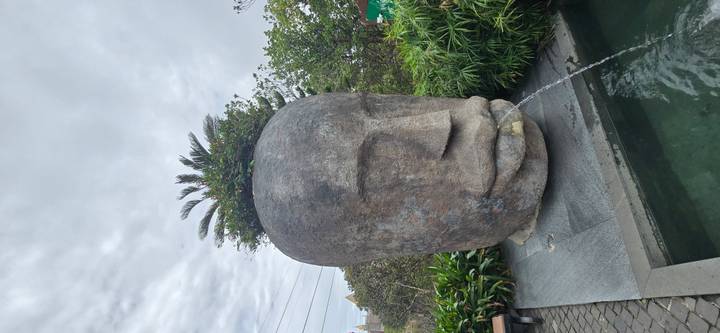 Large stone head fountain sculpture with foliage on top set in a garden under gray sky.
