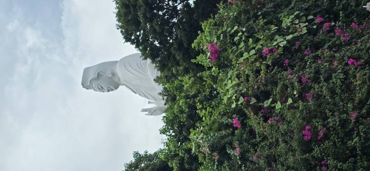 Tall white Lady Buddha statue rising above lush greenery and pink flowers against cloudy sky.