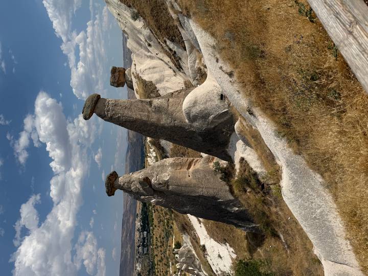 Three distinctive fairy-chimney rock pillars rise from Cappadocia’s dry grasslands.