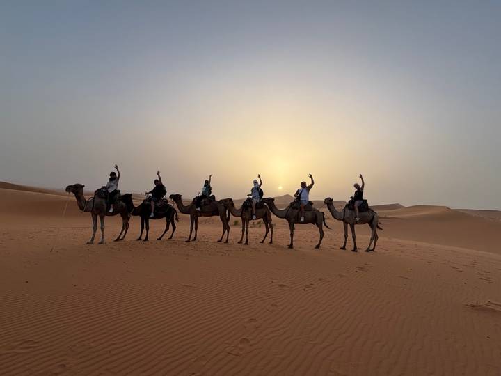 Line of tourists riding camels across Sahara dunes silhouetted against setting sun.