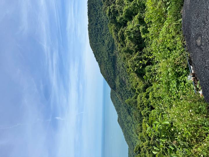 Sweeping coastal mountain vista with lush green slopes descending to the blue sea under clear sky.